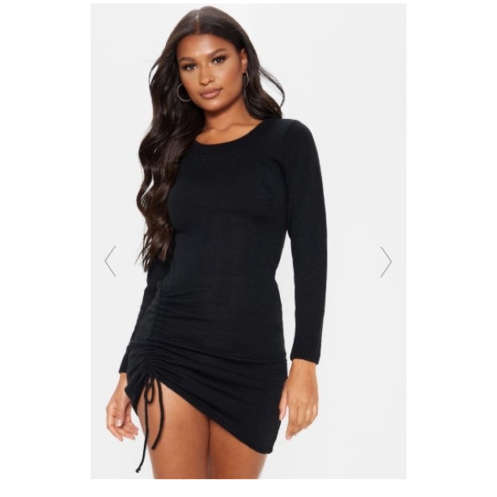 PRETTY LITTLE THING NWT Black Rib Asymmetric Ruching Detail Bodycon Dress Size 4